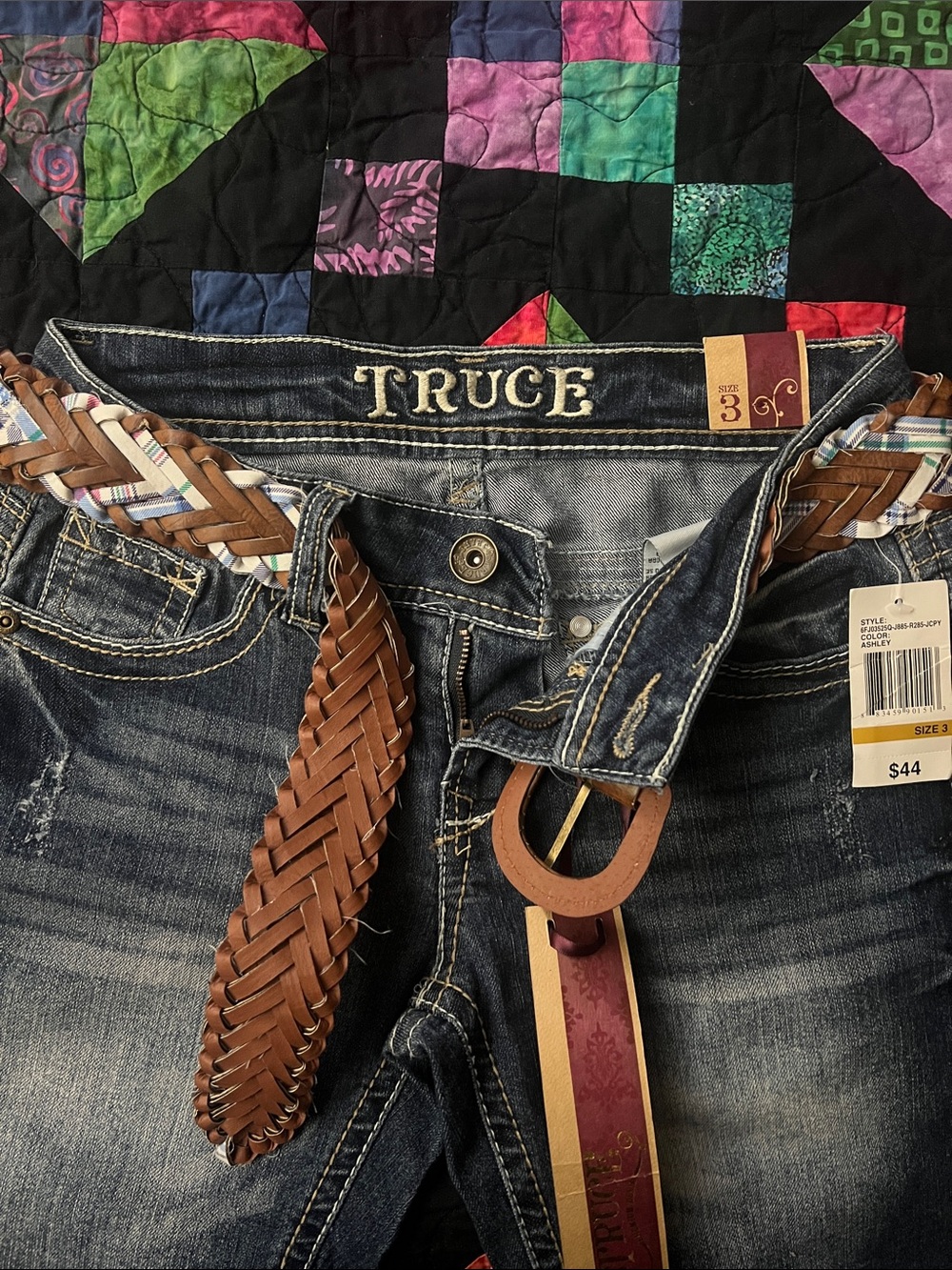 Truce Women's Dark Blue Denim Jean Shorts with Brown Braided Belt